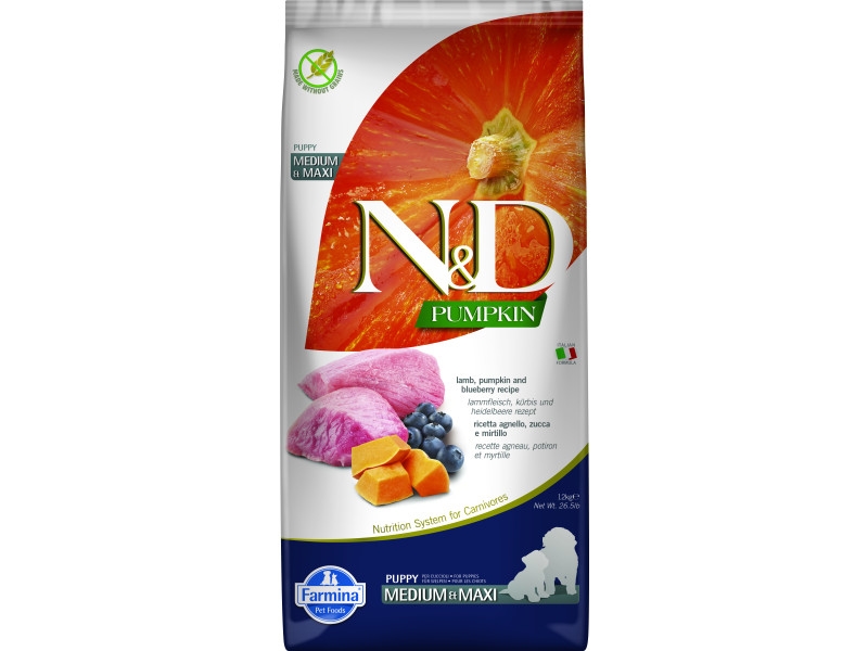 N&D Pumpkin Lamb & Blueberry - Puppy Medium & Maxi - 12 KG - Hundefoder 