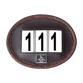SD Design stævnenummer i vegansk læder i brun med glimmer kantbånd